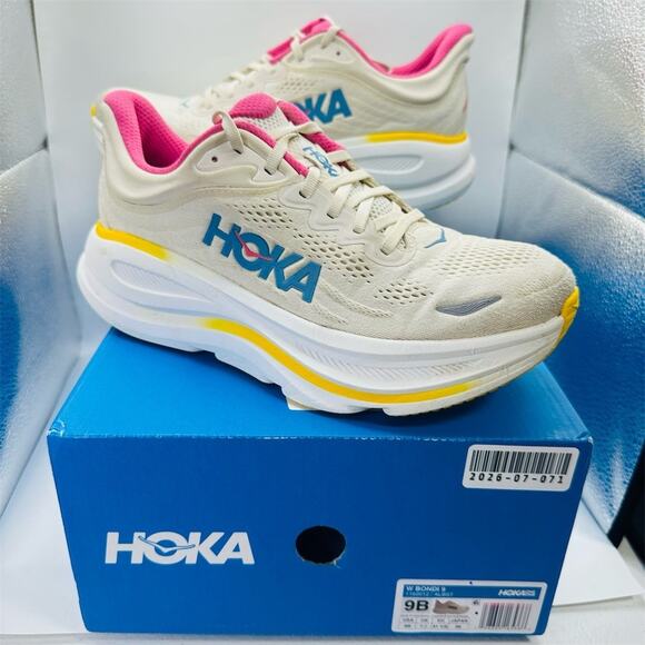 Hoka Shoes - HOKA Bondi 9 Women's Running Shoes Alabaster Birch Pink Yellow Size 9B
